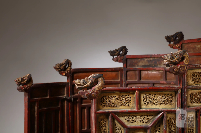 明 黑漆嵌骨人物花鸟图七屏圆背屏佛座 - 图6